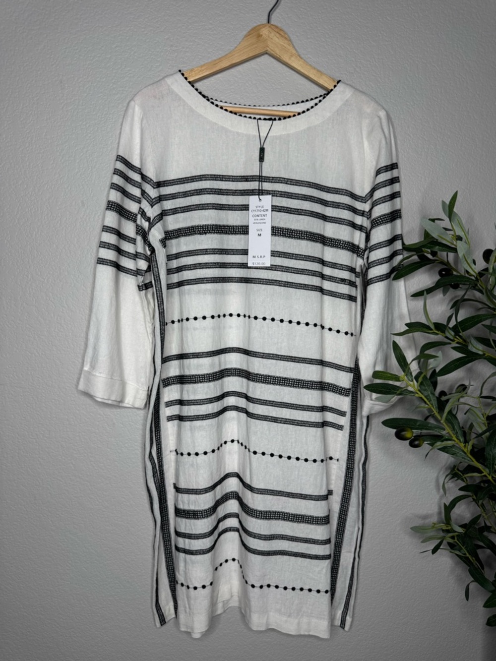 For Cynthia Thing White Linen Blend Striped Tunic Dress Size M Boho Resort NWT